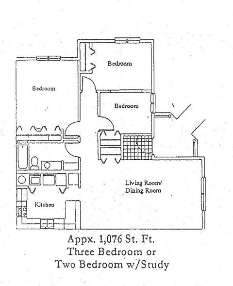 A drawing of a floor plan for a property at 1,076 St. Ft.